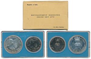 1975 Uncirculated Set, Equality Development and Peace, set of 2, Rupees 10 and 50. In near