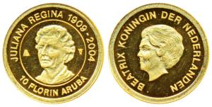 Aruba, Netherlands Antilles, Gold 10 Florin, 1.26g, .99 Fine, Death of Juliana Regina, 190