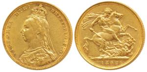 Australia, Victoria, Gold Sovereign, 8g, 1892, Jubilee head, Melbourne Mint, St. George sl