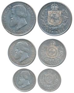 Brazil, Petrus II, Silver (3), 500, 1000 and 2000 Reis, 1869 & 1889 (KM 480, 481 & 485). F