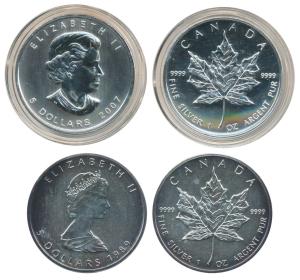 Canada, Elizabeth II, Silver 5 Dollars (2), 31.1g each, 1989 and 2007, two different busts