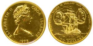 Cook Islands, Elizabeth II, Gold $100, 7.77g, 1975, Bicentenary return to England from sec