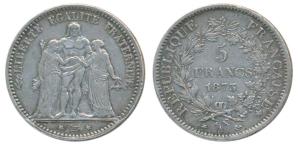 France, Third Republic, Silver 5 Francs, 24.96g, obv. Hercules standing facing between Lib