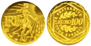 France, Gold 100 Euro, 3.1g, 2010, French national motto Liberty, Equality, Fraternity aro