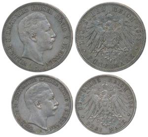 Germany, Prussia, Wihelm II, Silver 3 and 5 Mark, 1908 and 1903 A. (KM 527 & 523). Very Fi