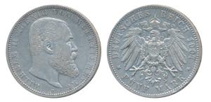 Germany, Wurttemberg, Wihelm II, Silver 5 Mark, 27.65g, Freudenstadt Mint, 1907 (KM 632). 