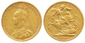 Great Britain, Victoria, Gold Sovereign, 8g, 1890, Jubilee head, St. George slaying a drag