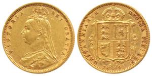 Great Britain, Victoria Queen, Gold ½ Sovereign, 4g, 1891, Jubilee head, Shield on rev. (K