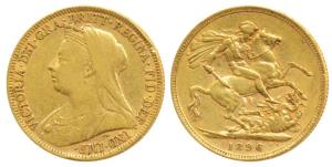 Great Britain, Victoria, Gold Sovereign, 8g, 1896, Veiled head, St. George slaying a drago