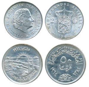 Netherlands, Queen Juliana, Silver 2 ½ Gulden, 25g, 1964, (KM 7); Egypt, Silver 50 Piastre