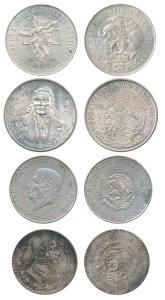 Mexico, Silver Peso, 1958, eagle holding a snake in its beak; Silver 5 Pesos, 1955; Silver