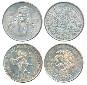 Mexico, Silver 25 Pesos, 22.5g, 1968, XIX Olympiad; Silver 100 Pesos, 27.67g, 1978 (KM 467