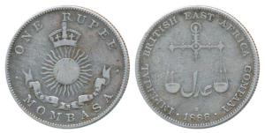Mombasa, Silver Rupee, 11.5g, 1888 H (KM 5). Very Fine+, Scarce.