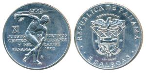Panama, Silver 5 Balboas, 35.7g, 1970, 11th Central American and Caribbean Games, rev., Di