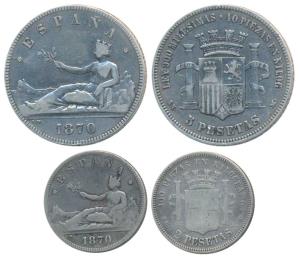 Spain, Provisional Government, Silver 2 and 5 Pesetas, 1870 (KM 654 & 655). Fine+ and Very