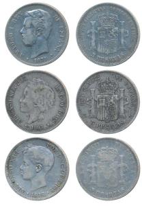 Spain, Amadeo I, Silver 5 Pesetas, 1871; Alphonso XIII, Silver 5 Pesetas, 1893; 1898 all d