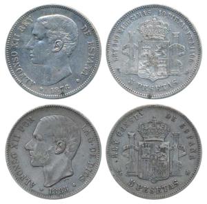 Spain, Alphonso XII, 2 different Silver 5 Pesetas (2), 25g, 1876 and 1885, both with diffe
