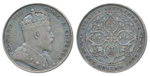 Straits Settlements, Edward VII, Silver Dollar, 1907, rev. artistic design within circle (