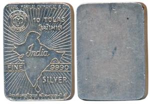 Silver Bar, Ms. Manilal Chimanlal & Co, 10 Tolas, 116.5g, map of undivided India on obv., 