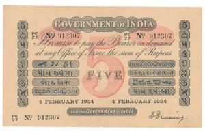 Government of India, Uniface, Rupees 5, red under print, signed H. Denning, 4th February 1