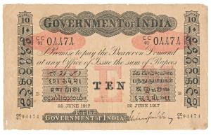Government of India, Uniface, Rupees 10, red under print, Bombay circle, signed M. M. S. G