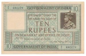 George V, Rupees 10, 1st issue, 1923, signed A.C. McWatters, prefix A, serial number in to