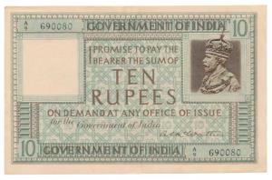 George V, Rupees 10, 1st issue, 1923, signed A.C. McWatters, prefix A, serial number in to