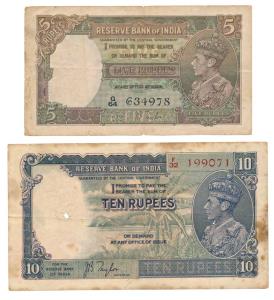 George VI, Rupees 5 & 10, signed J. B. Taylor, (J&R 10.1 & 11A.1). Stains, Fine+. (2)