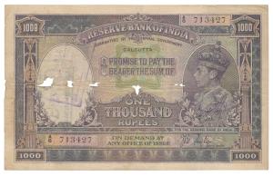 George VI, Rupees 1000, 1st issue, 1938, Calcutta, signed J. B. Taylor, (J&R 8.1B). Holes 