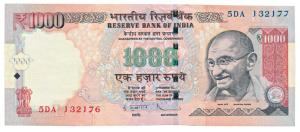 Rupees 1000, Error, 2013, signed D. Subbarao, two different serial numbers printed on the 
