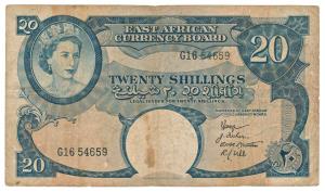 East African Currency Board, Elizabeth II, 20 Shillings, value in Gujarati, Persian and En