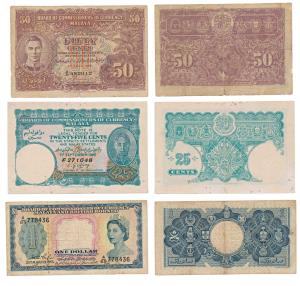 Malaya, George VI, 25 and 50 Cents, 1940 and 1941; Elizabeth $1, 1953. Very Fine to About 