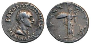 Indo-Greeks, Menander I (c. 160-145 BC), Silver Tetradrachm, 9.61g, obv. diademed and drap
