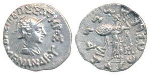 Indo-Greeks, Menander I, Silver Drachm, 2.28g, obv. helmeted bust of the king to right wit