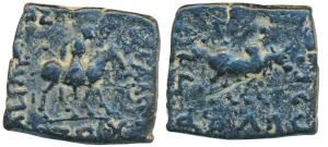 Indo-Scythian, Azes (c. 60-50 BC), Copper Pentachalkon, 10.7g, obv. a horseman riding to r