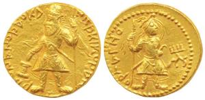 Kushanas, Kanishka I, Gold Dinar, 7.98g, Mint I (A), 3rd emission, obv. king diademed and 