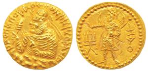 Kushanas, Huvishka (c. 152-192 AD), Gold Dinar, 7.85g, Mint II (B), 3rd emission, obv. nim