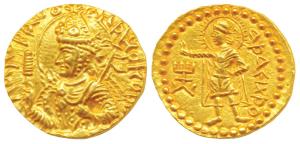 Kushanas, Huvishka, Gold Dinar, 7.85g, Mint II (B), 3rd emission, obv. nimbate, diademed a