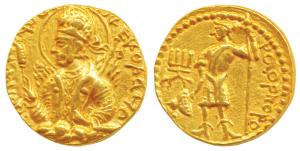Kushanas, Huvishka, Gold Dinar, 7.91g, Mint I (A), 3rd emission, obv. nimbate, diademed an