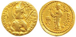Kushanas, Huvishka, Gold Dinar, 7.84g, Mint I (A), 4th emission, obv. nimbate and helmeted
