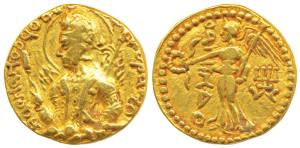 Kushanas, Huvishka, Gold Dinar, 7.85g, Mint I (A) 3rd emission, obv. nimbate, diademed and