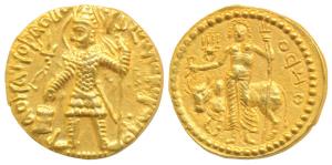 Kushanas, Vasudeva (c. 192-225 AD), Gold Dinar, 7.97g, obv. king nimbate standing left, ho