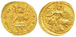 Kushanas, Vasudeva, Gold Dinar, 8.01g, obv. king nimbate standing left, holding a trident 
