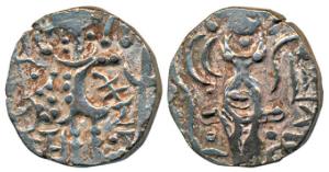 Kidara Kushanas, Base Gold Dinar, 7.4g, obv. king standing left, Kidara written below arm,