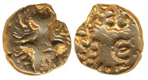 Karkotakas of Kashmir, Pratapaditya II (5th century AD), Base Gold, obv. seated goddess wi
