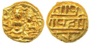 Vijayanagar Empire, Hari Hara II, Gold ½ Pagoda, 1.67g, Shiva-Parvati seated holding tride