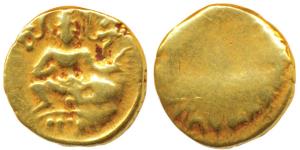 Vijayanagar Empire, Krishna Deva Raya, Gold ½ Pagoda, 1.67g, seated Balakrishna flanked by