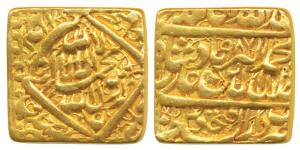 Akbar, Square Heavy Gold Mohur, 12.22g, Dar us-Sultanate Fathpur Mint, AH 987, Kalima type