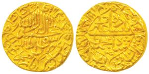 Shah Jahan, Gold Mohur, 10.86g, Akbarabad Mint, AH 1051/14, Kalima within quatrefoil on ob