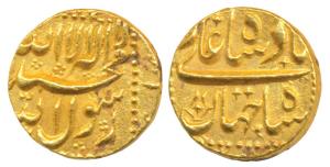 Shah Jahan, Gold Mohur, 10.99g, mint name off flan, legend within dotted square on both si